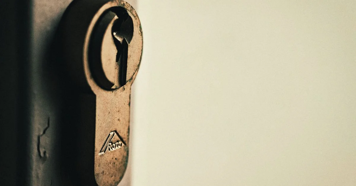 Gros plan sur une serrure ancienne d'une porte en bois patinée, qui capture un charme rustique.