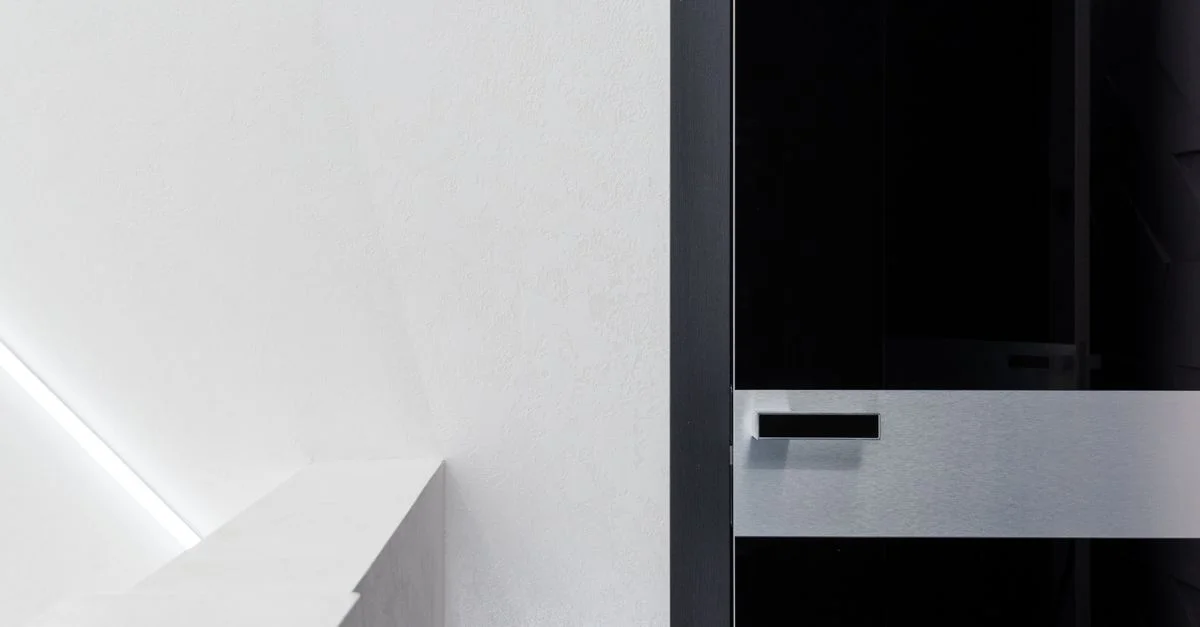 Intérieur minimaliste élégant avec une porte noire et des murs blancs, mettant en avant le design géométrique.